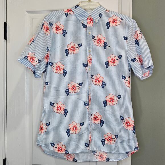 Vineyard Vines Men's M Striped Hibiscus Floral Print SS Whale Shirt Button Down - Picture 1 of 6